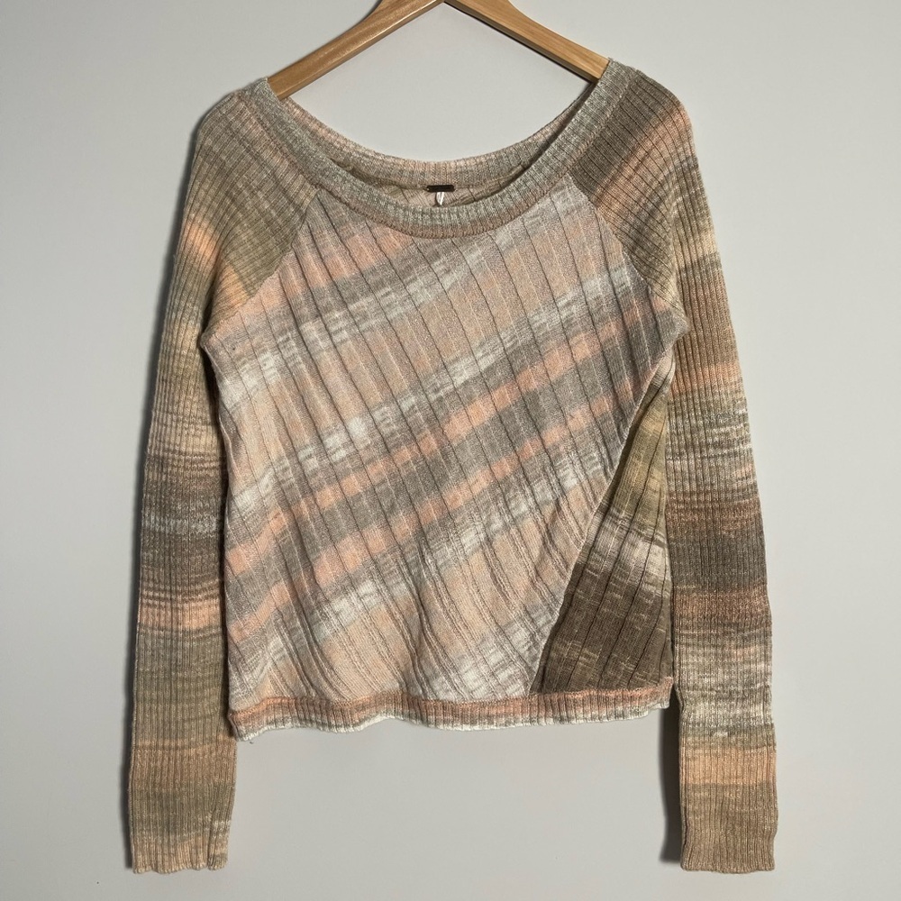 Free People Striped Ribbed Pullover Sweater in Beige and Cream